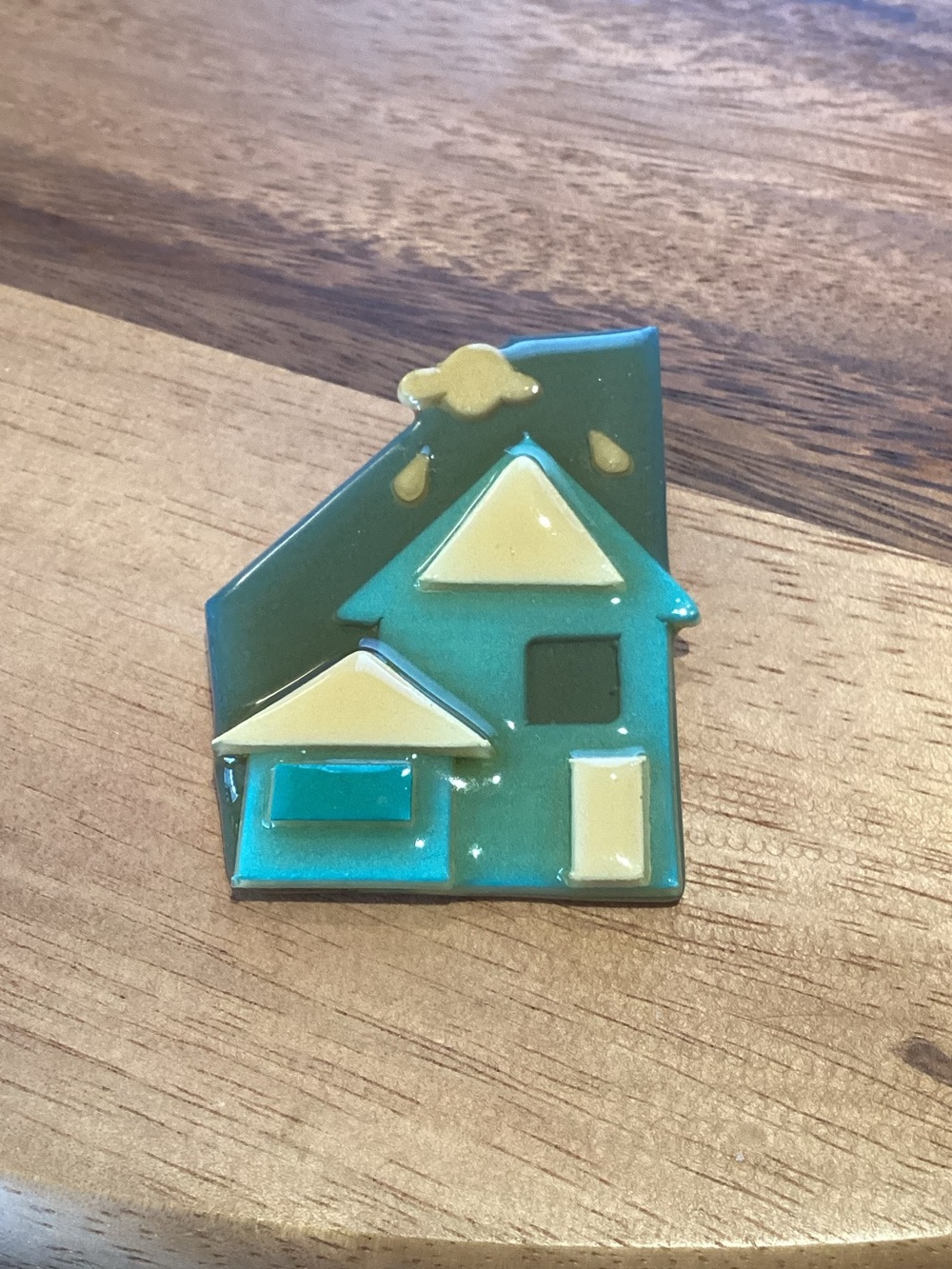 House Pins by Lucinda Wearable Art brooch charming house, cloud & raindrops vtg